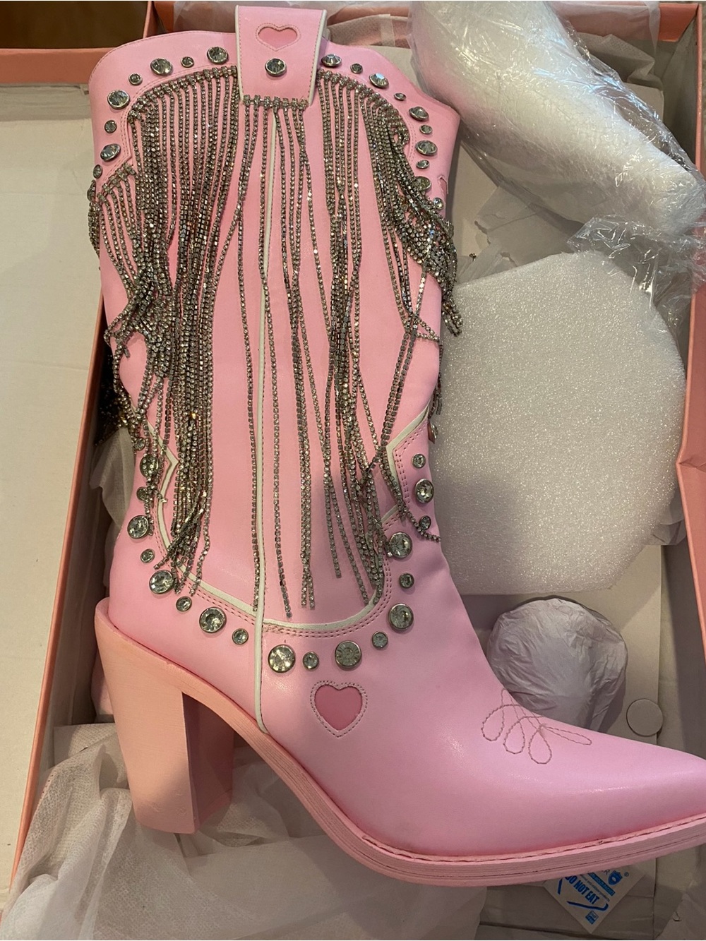 Dolls Kill Pink Rhinestone Fringe Western Heeled Boot